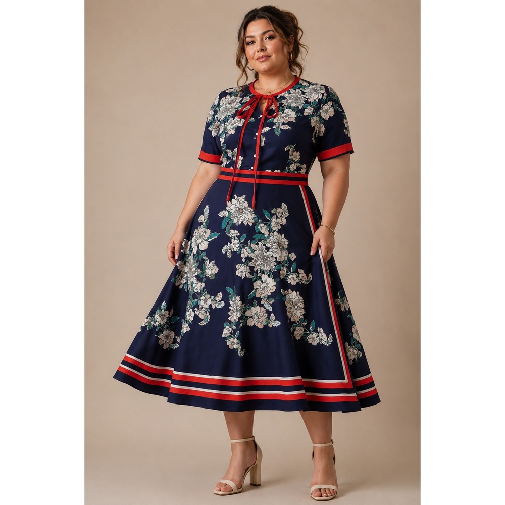 Lai Meng Five Cats Floral Midi Dress XL Navy Blue Tie Neck Retro Mod Whimsy Twee